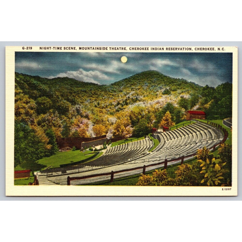 Vtg Linen Postcard Mountainside Theatre Cherokee NC Night Scene Unposted G-219